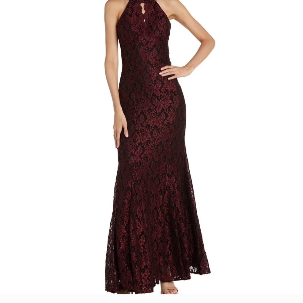R & M Richards Burgundy Lace Maxi Dress